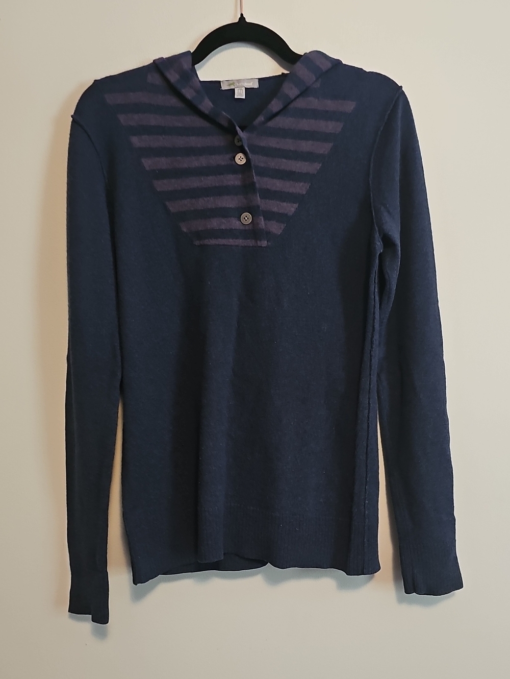 Horny Toad Navy and Purple Striped Hooded Pullover Wool & Cashmere